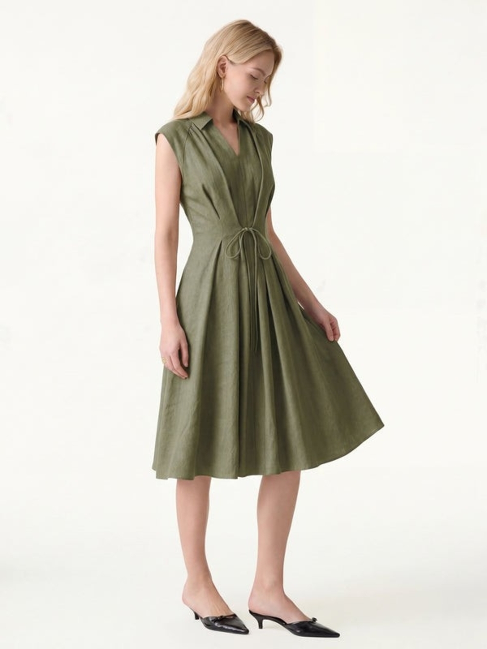 OGL Viscose-Linen Collared V-neck Midi Dress with Drawstring - Picture 2 of 7